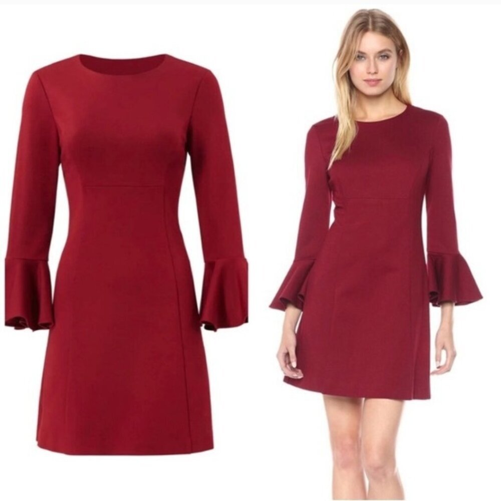 TRINA TURK Mini Dress Peplum Bell Sleeve Maroon Flare Lace 177313 No Size Tag XS - Picture 2 of 16